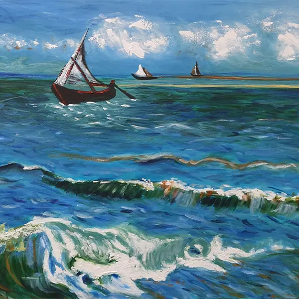 Reproduction of The Sea at Les Saintes-Maries-de-la-Mer painting by Vincent van Gogh, created in 1888